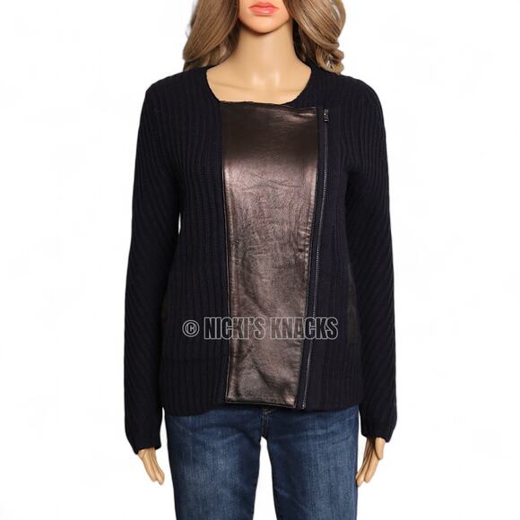 Madewell Merino Wool Leather Trim Zip Moto Cardigan Sweater Fall Outfit Size S - Picture 2 of 10